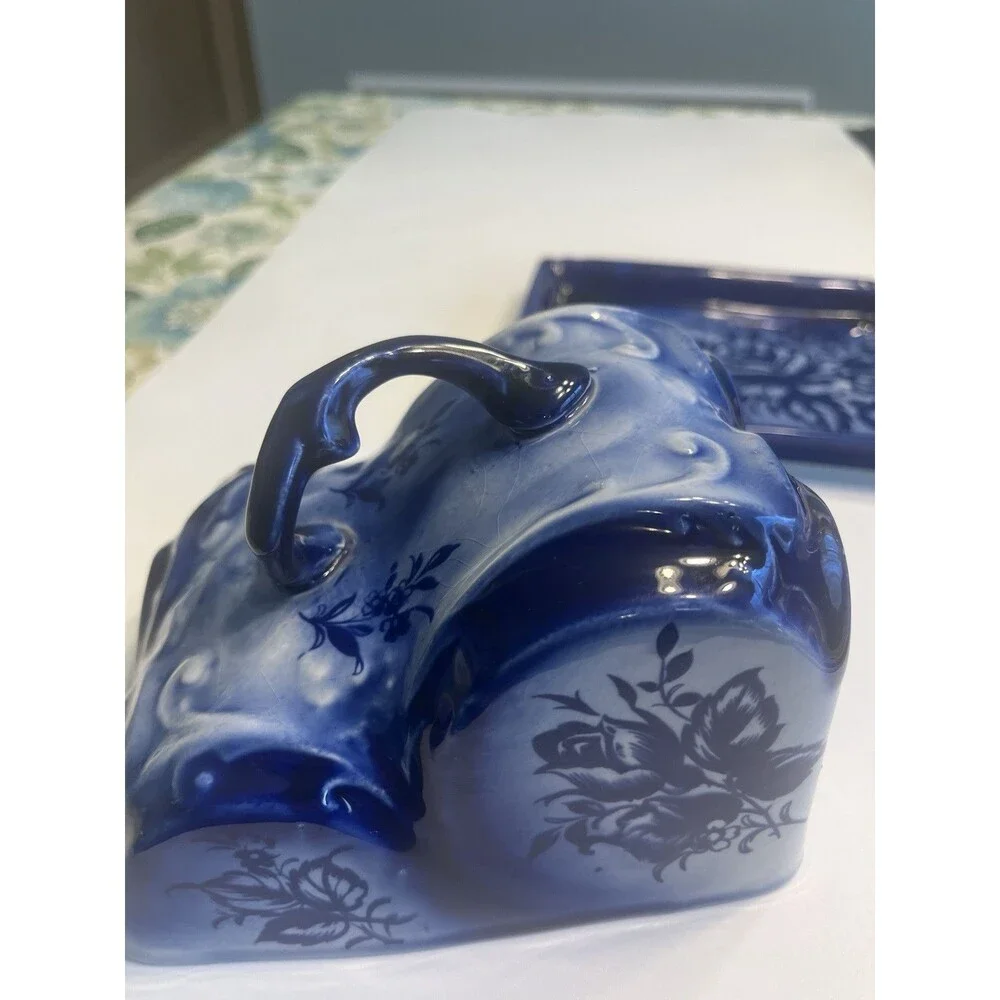 Vintage Empress Staffordshire England Blue Floral Cheese Dish Lid